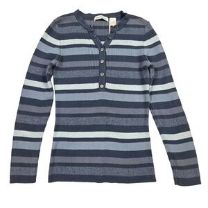 Liz Claiborne Blue Striped Ribbed Henley Sweater Womens Medium Cotton Knit Top